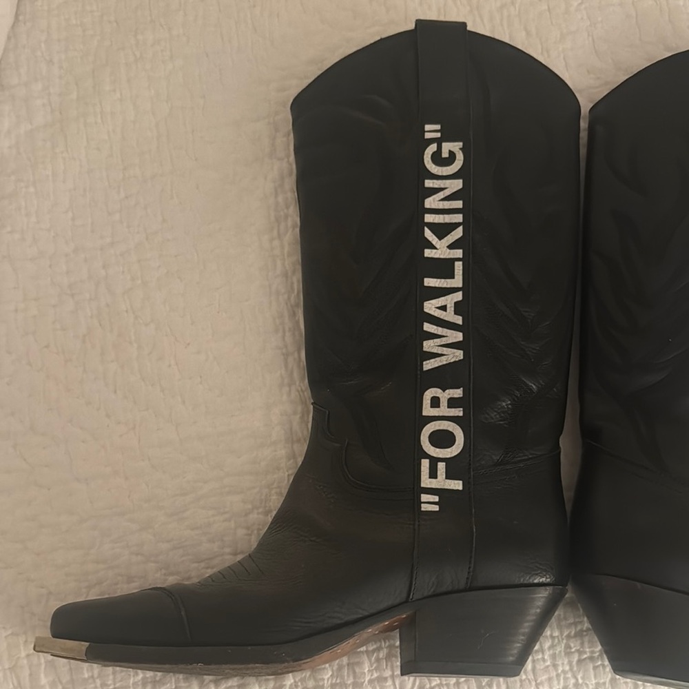 Off white boots Black Heeled Boots with Pointed Toe and Text Detail
